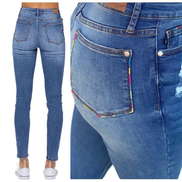 NWT Judy Blue Distressed Embroidered Pocket Skinny Jeans Size 20 W - Picture 4 of 8